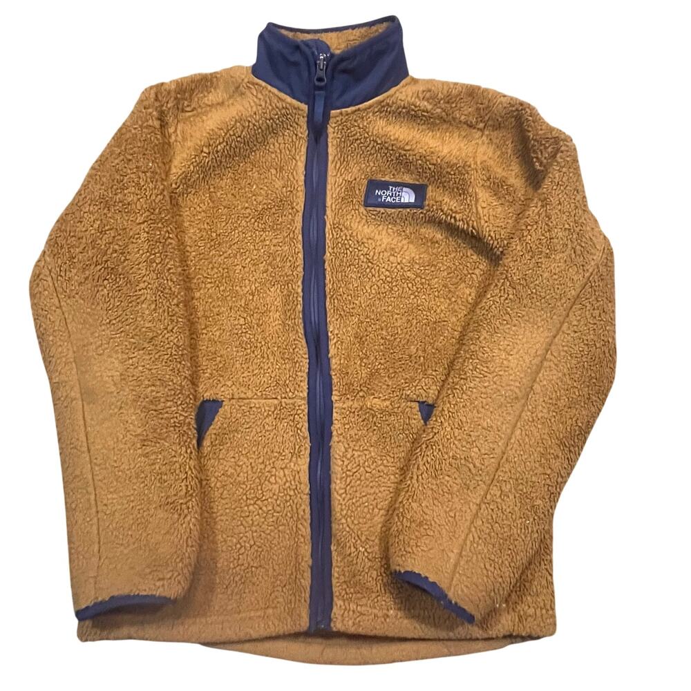 The North Face Boys L 14/16 Sherpa Fleece Zip Jacket Brown Blue‎ Winter Fall